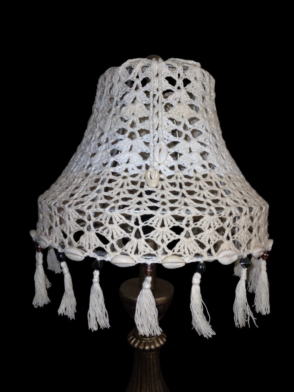 Handmade White Crochet Lampshade with Tassels and Shell Accent